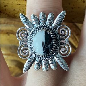White Buffalo Turquoise Sterling Silver Feather Ring Size 8